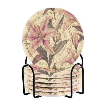 

6 coil coasters 3.94x3.94x0.24 inch water coasters Drink coasters with cup holders Absorbent coasters Heat resistant for bar protection Pink Lilies