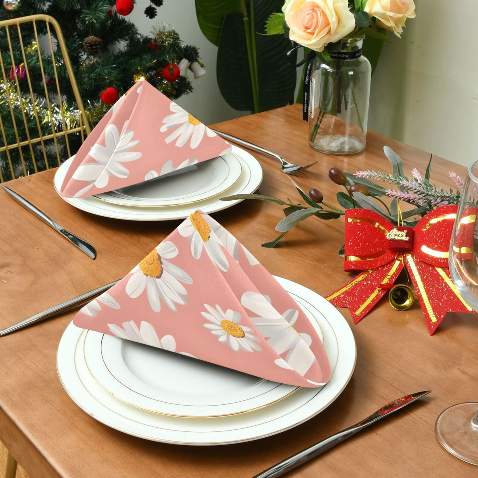 JSTEL Daisy Flower Pink Cloth Napkins Set of 6, 20x20 Inch Washable and Reusable Napkin for Decoupage Dinner Party Everyday Use