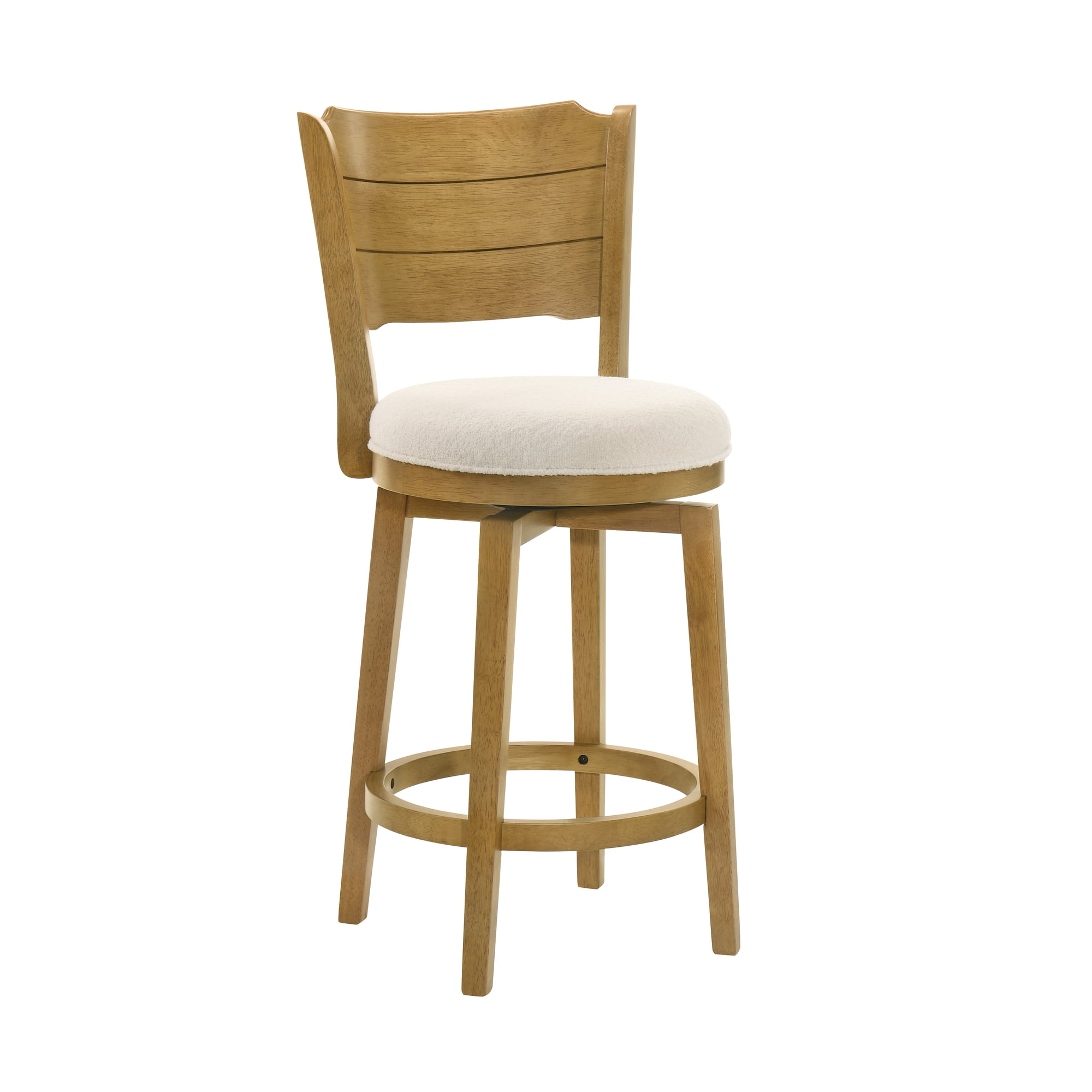 Winsley Coastal Modern Swivel Wood Counter Height Kitchen Bar Stool in Amber Glow Finish with White Boucle Fabric Upholstered Seat - Set of 3