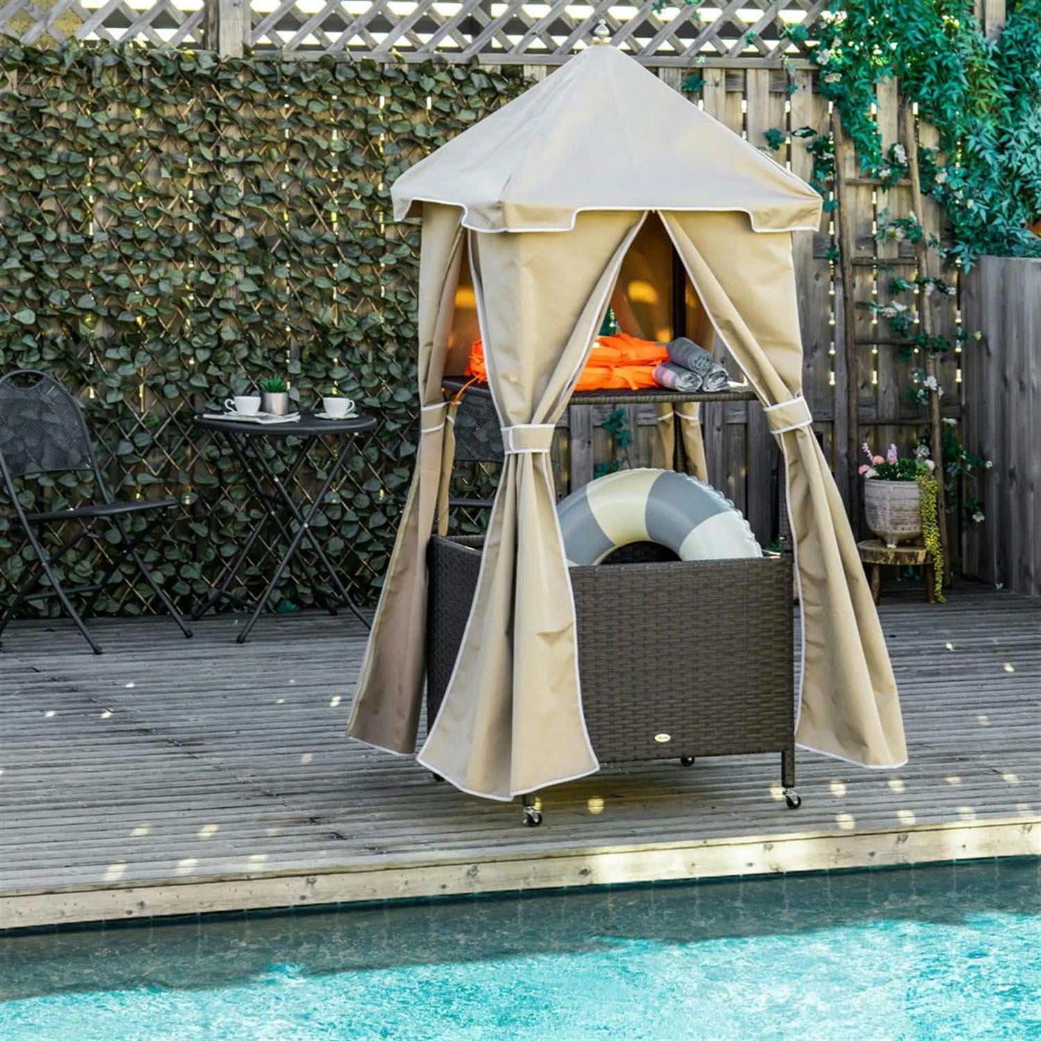 Demi Bonn 34" Outdoor Towel Caddy with Covered, Sturdy Shelf & Basket, Easy Roll PE Rattan Storage Rack for Poolside, Beach, Home Use, Beige