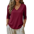 thumbnail image 6 of GZWYHT Women's Basic Ribbed Knit V Neck Elbow Sleeve T Shirts Soft Stretchy Slim Fit Casual Layering Tops for Spring Summer Fall Daily Wear Red XL, 6 of 9