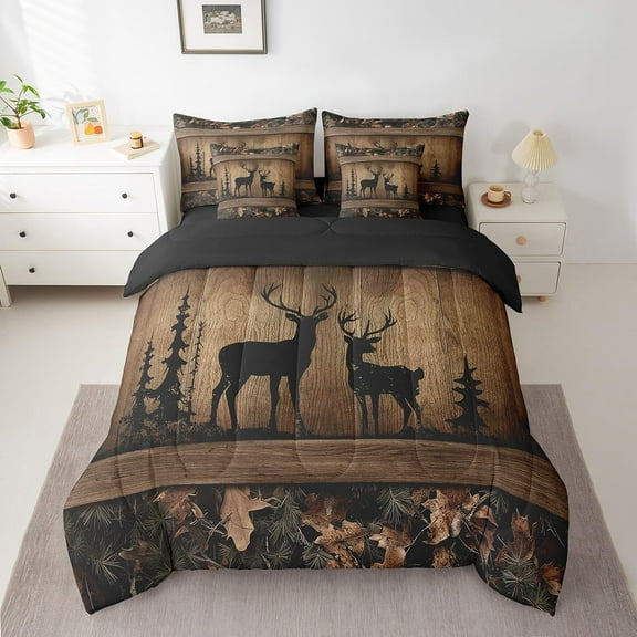 Rustic Cabin Bedding Sets 7 Piece Camo Hunting Deer Comforter Set Full Farmhouse Woodland Animal Bed in A Bag for Kids Boys Teen Men, Tree Camouflage Wildlife Sheet Set with Comforter