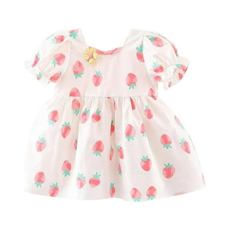 

Icvfdpl Girl s Dress Crew Neck Comfort Waist Short Sleeve Girl Suspender Ruffled Strawberry Print Summer Princess Beach Party Toddler Dresses