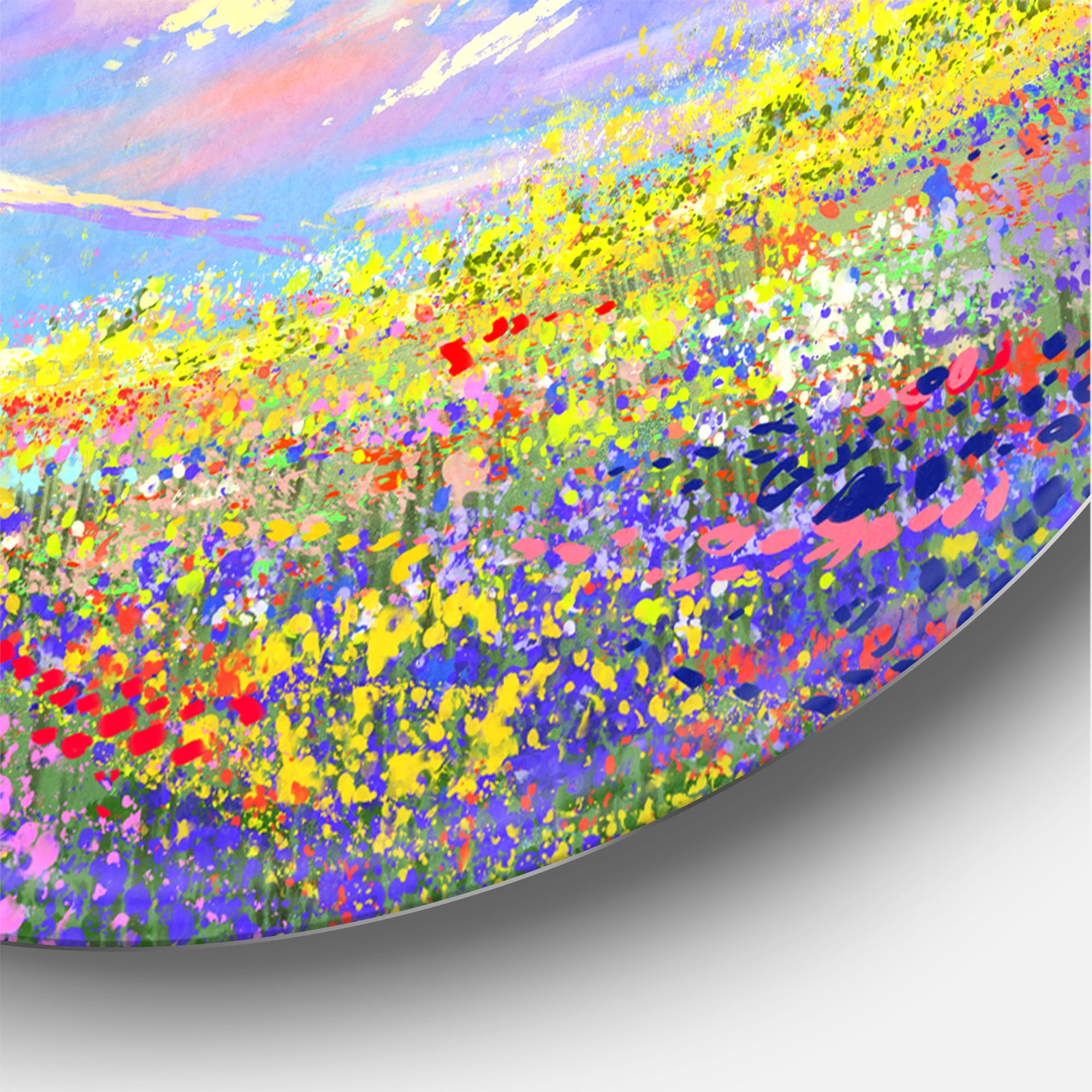 Designart 'Gorgeous Clouds Over Colorful Flowers In Field' Traditional Circle Metal Wall Art 23x23 - Disc of 23