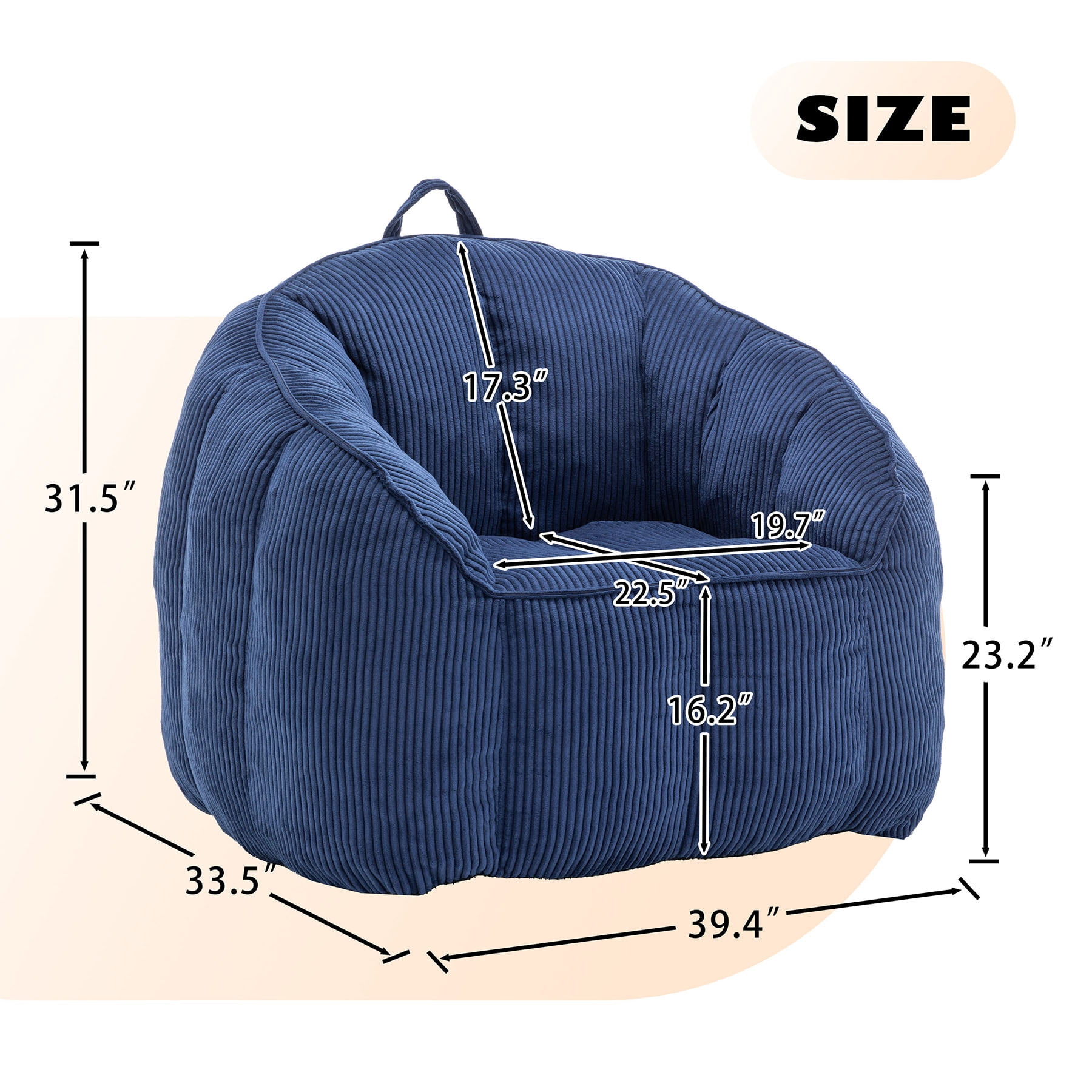 S-HOME Ergonomic Corduroy Bean Bag Chair for Adults and Teens in Classic Colour with Supportive Armrests for All Spaces, Dark Blue