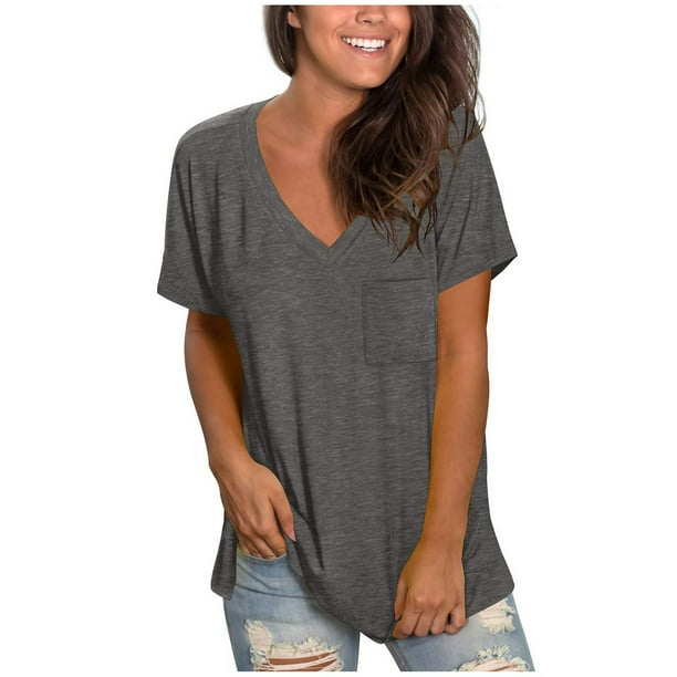 Gibobby Blusas De Manga Larga Para Mujer Mujer Casual Comfort V Cuello sólido Color Pocket suelto camisa de manga corta(Gris, M)