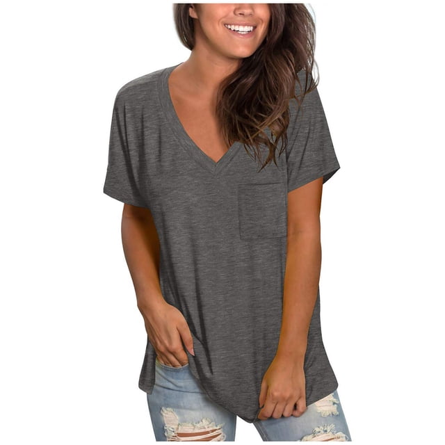 DPTALR Chemise Décontractée Confortable pour Femmes Col en V Couleur Unie Poche Coupe Ample Manches Courtes