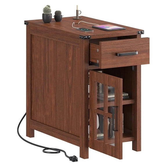 Farmhouse End Table with Charging Station and 1 Storage Cabinet, 1 Drawer, Wood Nightstand Narrow, Skinny Side Table, Slim Bedside Table, Small Nightstand for Bedroom, Living Room, Sofa