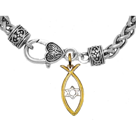 Messianic Christian Fish In 14KT Goldtone, Silvertone Star Of David Wheat Chain Bracelet. If you do not believe that this jewelry is beautiful when you receive it, simply return it for a full refund.