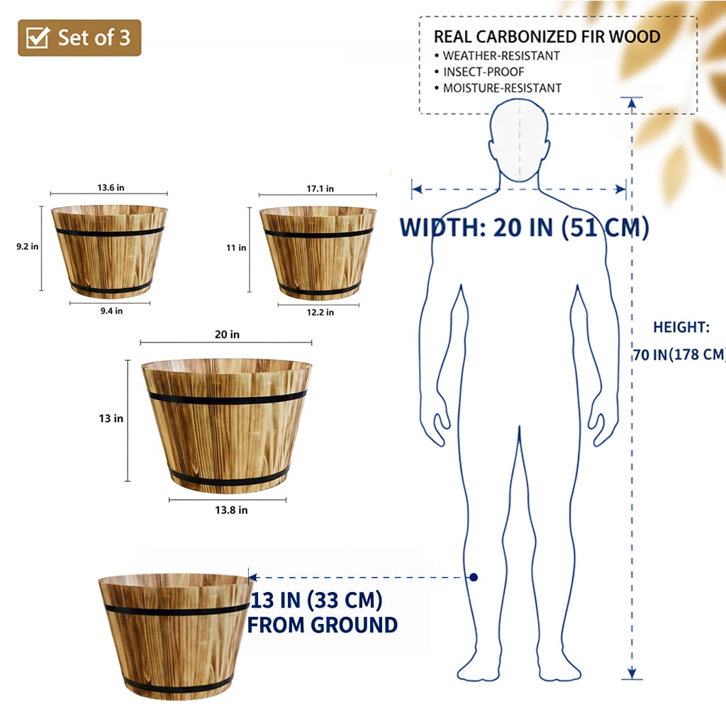 Luxury 20" Real Wood Whiskey Barrel Planter Set of 3 - Carbonized Fir Wood, Weather Resistant, Indoor/Outdoor Flower Pots for Garden Patio - Includes 3-Piece Professional Gardening Tool Kit