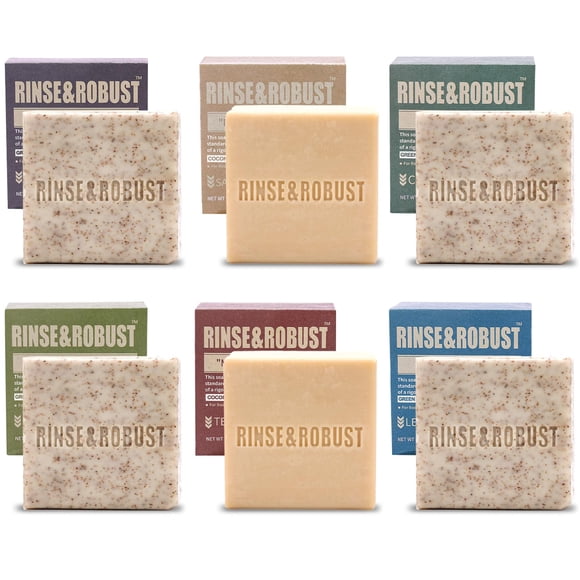 Rinse & Robust Jabón en barra natural para hombre 6 piezas Juego de jabón exfoliante hidratante y exfoliante de limpieza hecho a mano Regalos para hombres Cuerpo y manos Todo tipo de piel 6 aromas dif