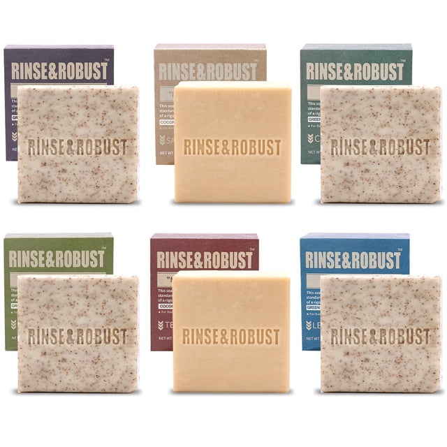 Rinse & Robust Jabón en barra natural para hombre 6 piezas Juego de jabón exfoliante hidratante y exfoliante de limpieza hecho a mano Regalos para hombres Cuerpo y manos Todo tipo de piel 6 aromas dif