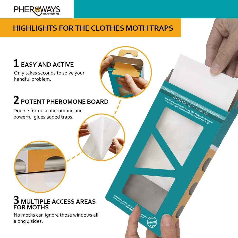Pheroways Clothes Moth Traps, Safe Moth Traps for Closet Clothing and Carpet Moth Traps, Effective Guaranteed (6 Pack)