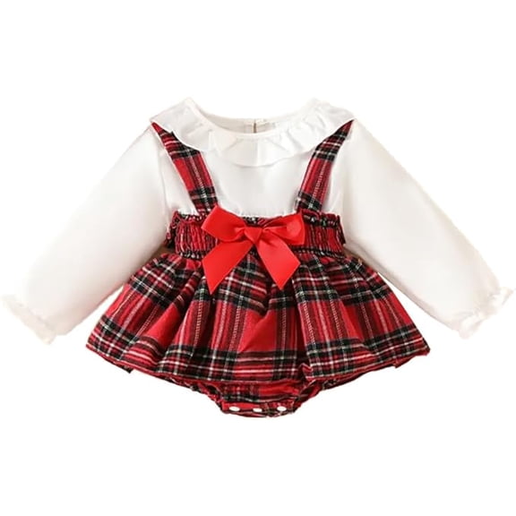 stylesilove Infant Baby Girls Christmas Long Sleeve Romper Dress Classic Plaid Skirt Holiday Festive Jumpsuit (White, 6-12 Months)