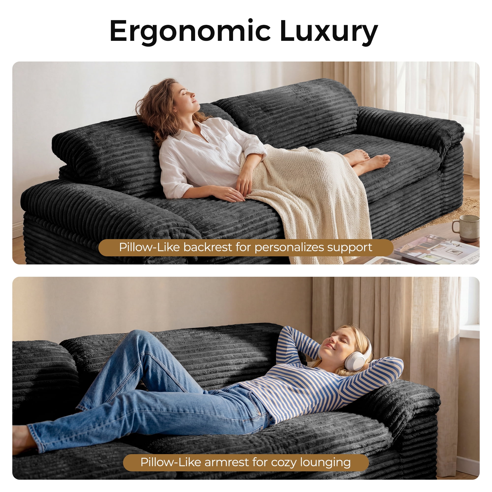 Neche 114" Boneless Sofa Couch for Living Room, Deep Seat, Soft Corduroy Design, Dark Gray