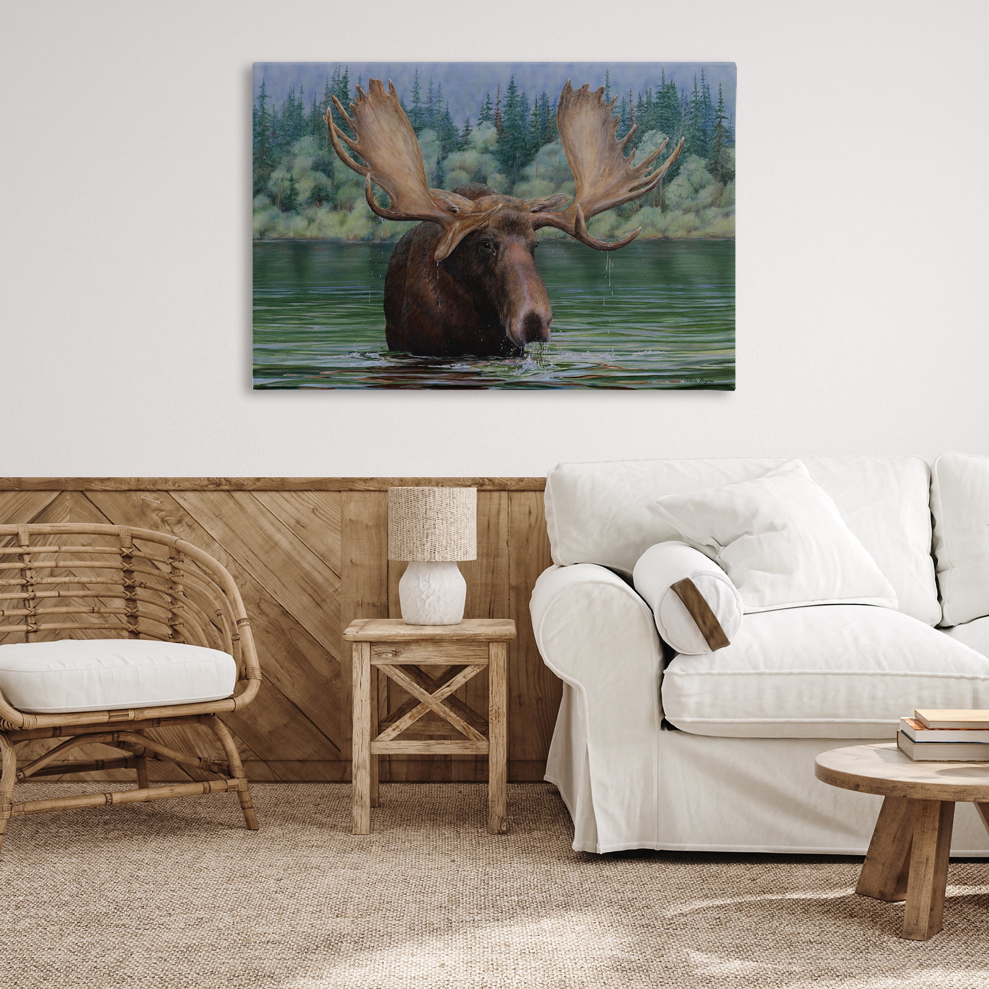 Stupell Industries Moose Swimming in Lake Animals Painting Wrapped Canvas Art Print Wall Art, 45 x 30
