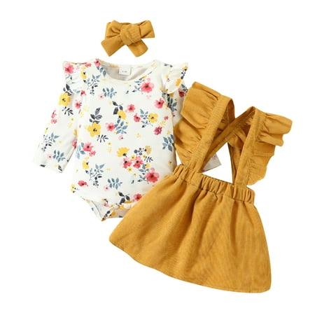

Toddler Kids Girls Floral Long Sleeves Romper Skirt Hairband 3pcs Set Cloths 6-12 Month Girl Clothes
