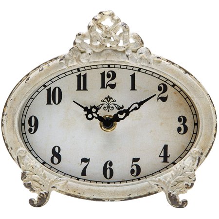 Small Vintage Table Clock Distressed White, Shabby Chic Decor | Battery Operated Decorative Metal Oval Desk Clock, French Elegant Decor for Living Room, Office, Mantel, Shelf