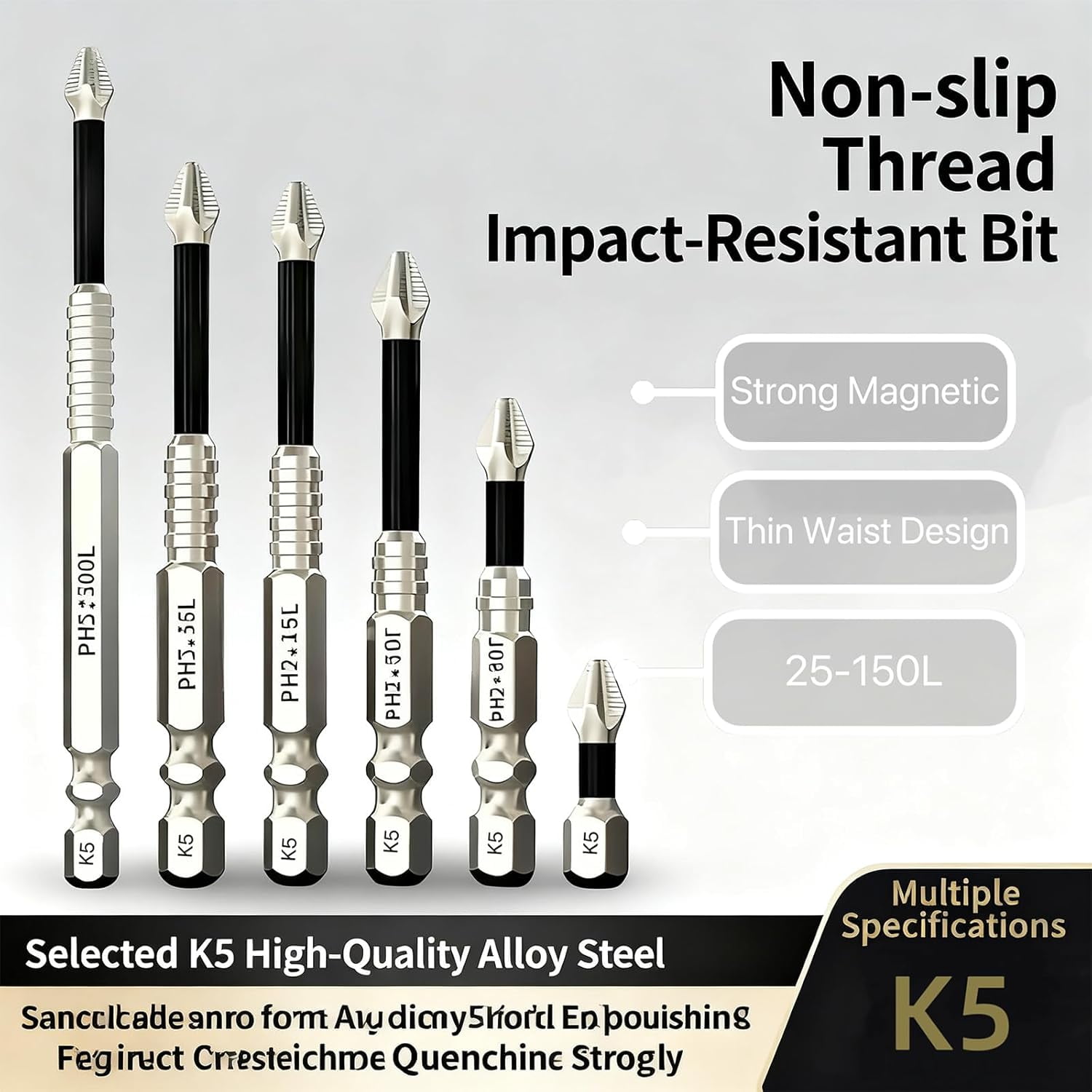MKEUDQ-9-Pack Phillips BitsSet High Magnetic Cross Head Drill Bit, Professional Long Phillips Head Drill & Screwdriver Bit (1-6-Inch), K5 Alloy Steel, Anti-Slip, 1/4" Hex Shank, Ph2 for Impact Driver