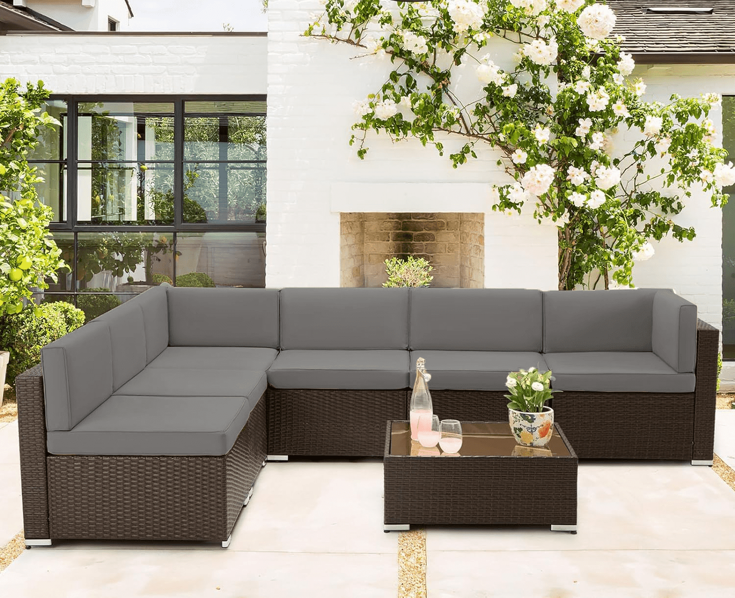 Danrelax 7-Piece Outdoor Sectional Sofa Patio Conversation Set, PE Rattan Wicker Furniture, Steel Frame, Dark Grey Cushion/ Black Rattan