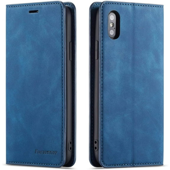 Premium PU Leather Flip Folio Case for iPhone XR, Protective Case with Kickstand Card Slot Holder Hidden Magnetic Closure Shockproof Wallet Cover for iPhone XR - Blue