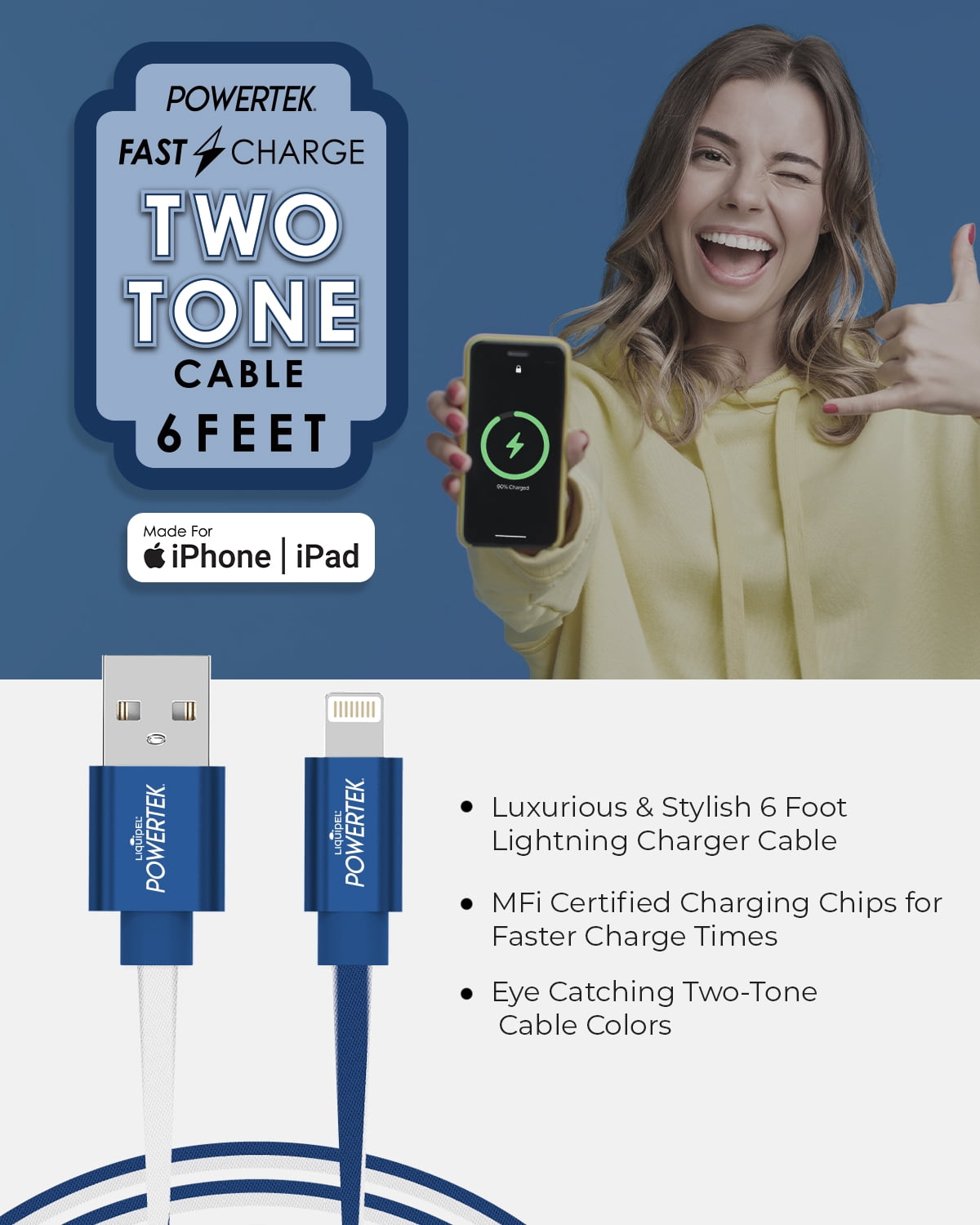 Liquipel Powertek iPad & iPhone Charger Cable, Fast Charging 6ft MFI Certified Lightning to USB Cord, Two Tone