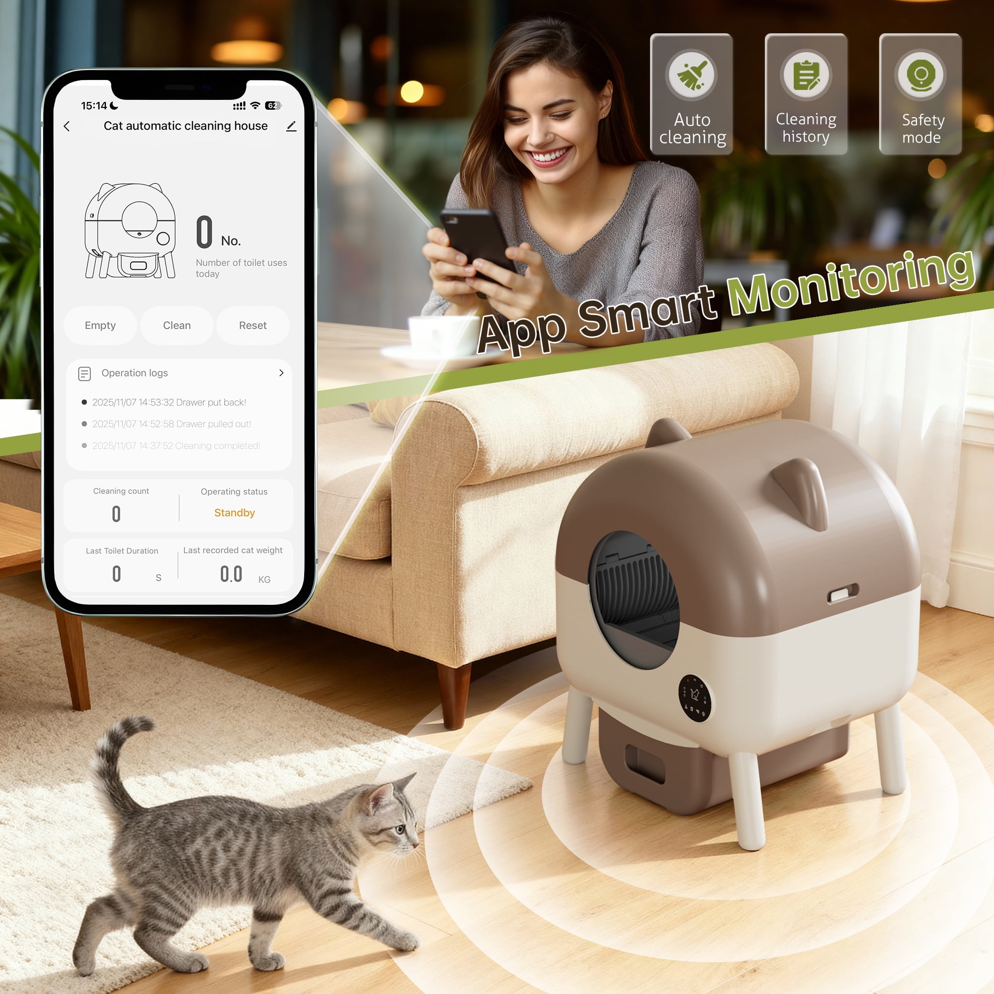Furmax Fully Enclosed Automatic Cat Litter Box, 76L Large Capacity for Big Cats, Cat Ear Design with Garbage Bags, Aroma Box & Brush (brown)