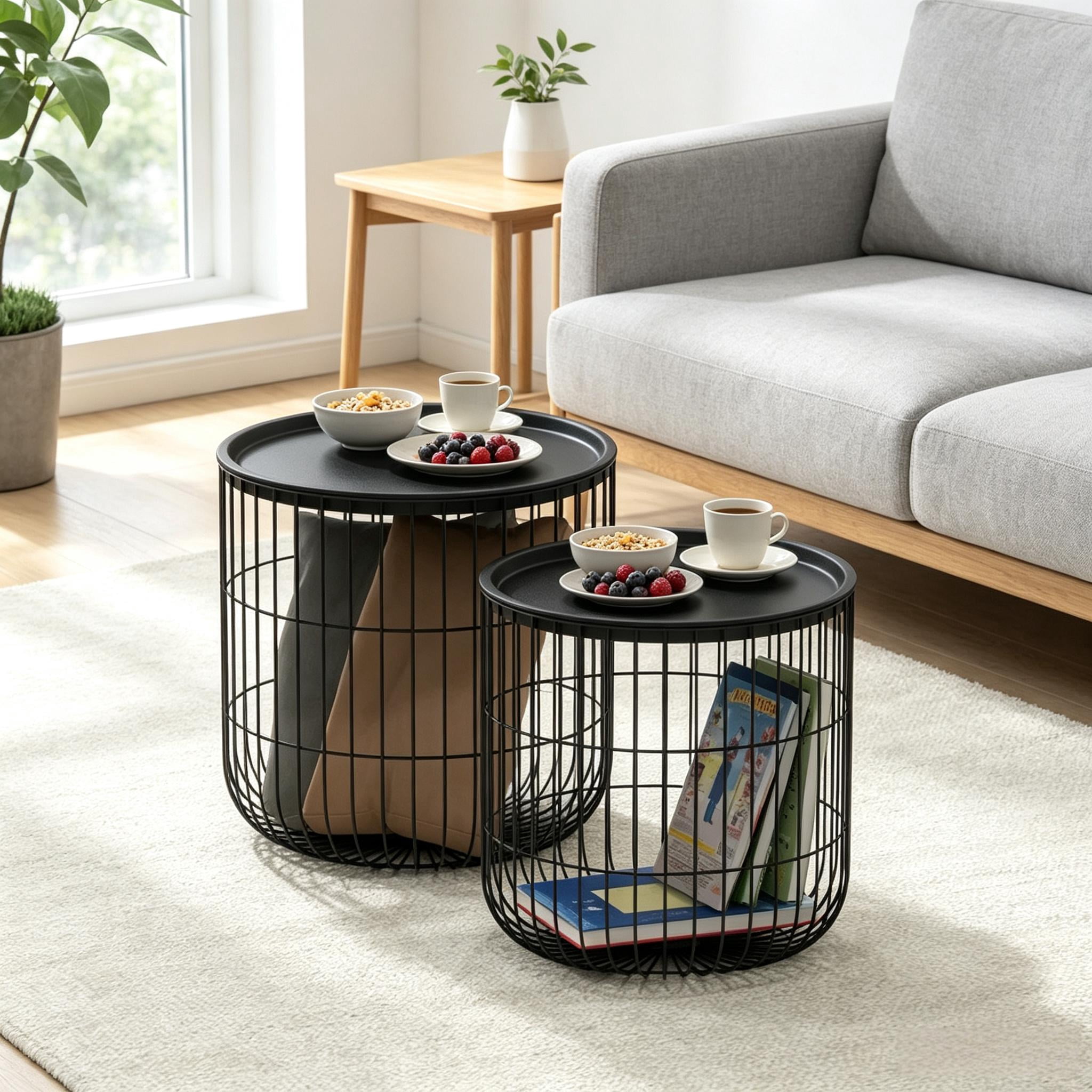 Modern Wire Frame Accent Tables, Round Side Tables with Removable Top, Coffee Table Set