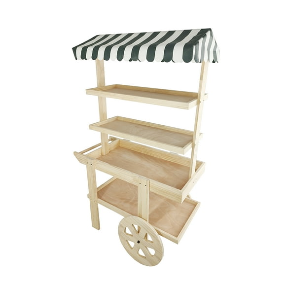 FixtureDisplays® Flower Cart Vending Cart Farmers Market County Fair Wagon Wood Stall Stand Rolling Shelf Retail Booth Kiosk 42.0" Long x 68" Tall x 25.0" Wide, with Awning 19402-new+18616