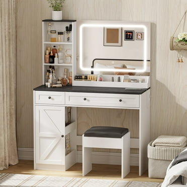 Vabches Vanity Set with Mirror and Lights, Makeup Table with Storage Shelves & Drawers, Stool
