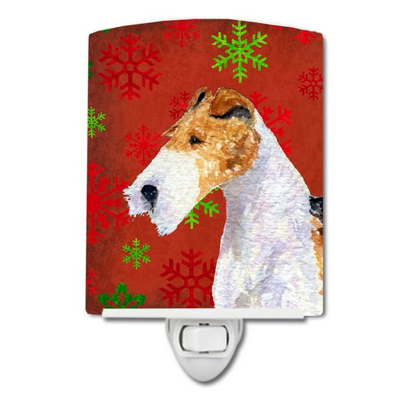 Caroline's Treasures SS4685CNL Fox Terrier Red and Green Snowflakes Holiday Christmas Ceramic Night Light, 6x4x3",