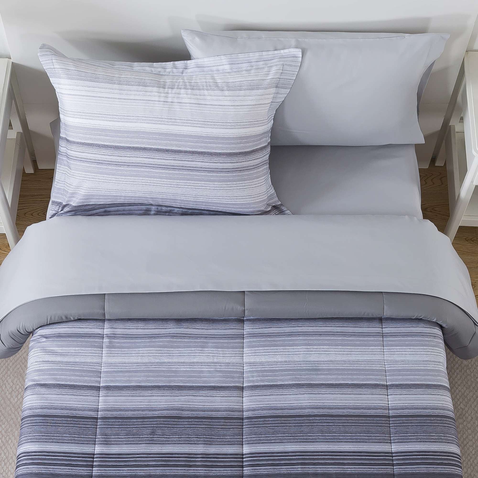 Mainstays All in One Reversible Comforter and Sheet Set, 5-Piece, Twin, Gray Stripe