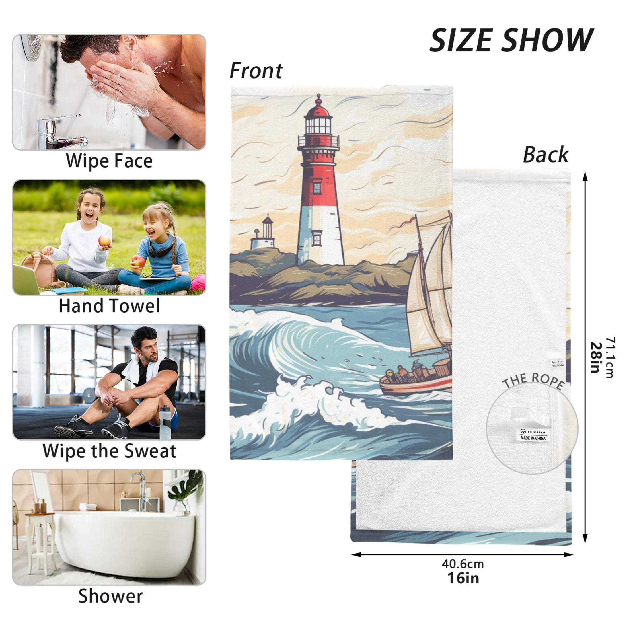 2 Pcs Hand Towel Set Lighthouse Ship Sea Cotton Absorbent Soft Face Towels Bath Towels for Bathroom Kitchen Shower Hotel Decor 16"x28"
