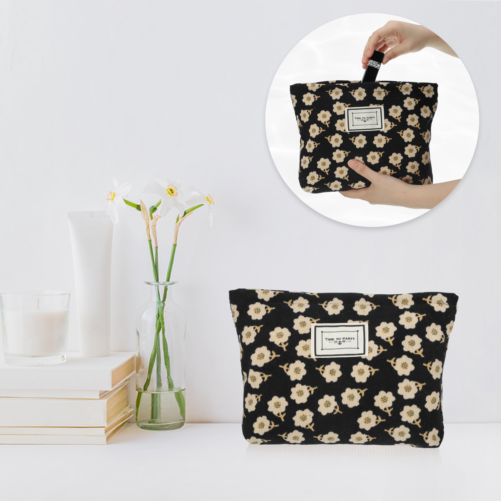 Unique Bargains Flower Cosmetic Bags Corduroy Floral Makeup Bags Pouches with Zipper Black