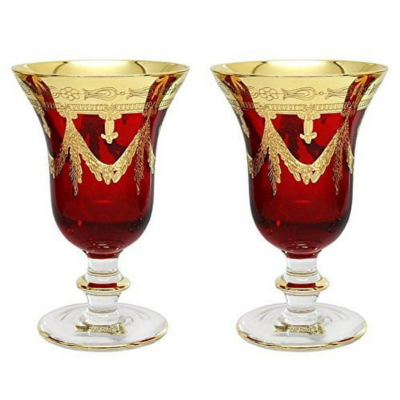 World Gifts Set of 2 Interglass Red Crystal Wine Goblets - 10 oz, Vintage Design