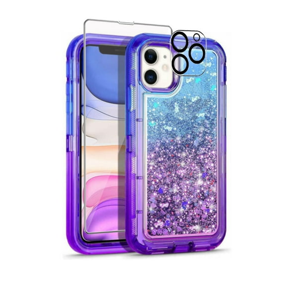 TASHHAR iPhone 14 Pro Max Case with Screen and Lens Protector 3 in 1 Anti Scratch Clear Glitter Shockproof Durable Moving Shiny Quicksand Liquid for iPhone 14 Pro Max 6.7 inch 2022 Phone Blue Purple