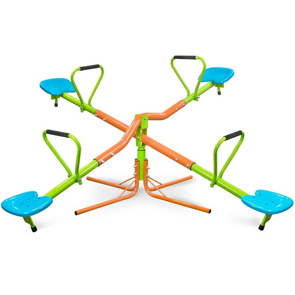 LuckyNote 4-Seat Seesaw, 360 Degree Rotating Outdoor Playground Toy with Sturdy Steel Frame & Plastic Seats, Blue & Green