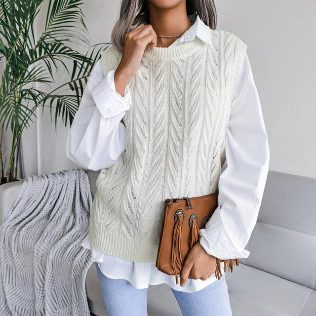 Gilet Sans Manches en Tricot Ajouré à Col Rond Décontracté pour Femmes