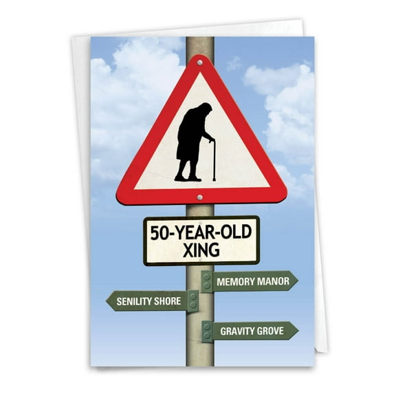 NobleWorks Funny 50th Milestone Blank Birthday Greeting Card with 5 x 7 Inch Envelope (1 Card) Bday 50 Year Old Crossing 9966K
