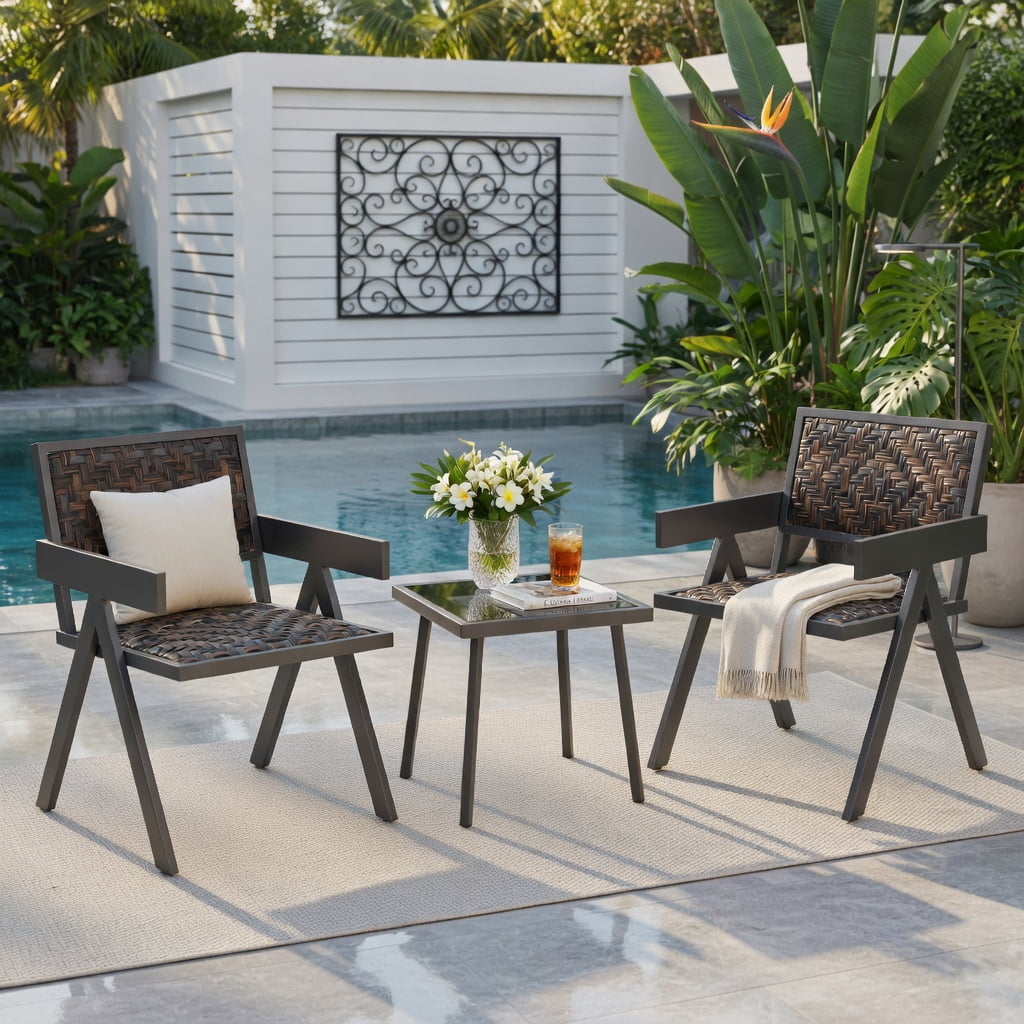 Hommoo 3-Piece Outdoor PE Wicker Bistro Set, 2 Armchairs + Coffee Table with Quick-Dry Foam Cushions, Fade-Resistant Brown Wicker & Tempered Glass Top, Brown