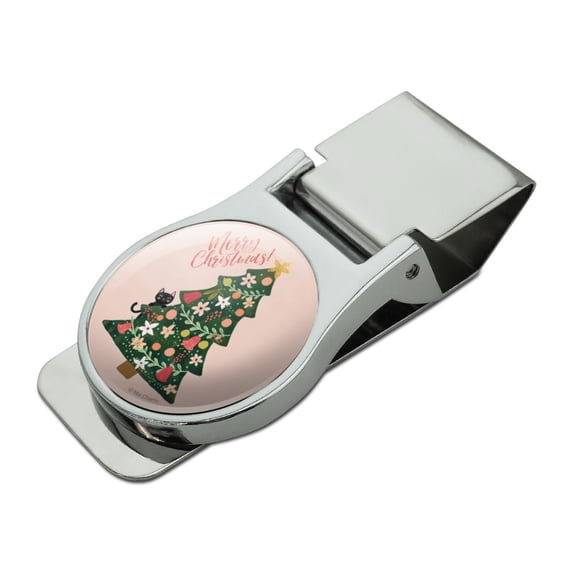 Christmas Tree with Cat Satin Chrome Plated Metal Money Clip