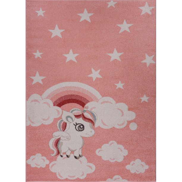 Light Pink Soft Kids Area Rug Carpet with Adorable White Unicorn and