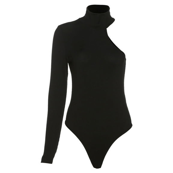 comerut Bodysuit One Shoulder Hollow Knitted Turtleneck Solid Color Elastic Soft Warm Bodysuit Skinny Lady Spring Fall Top