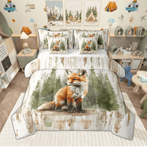 Manfei Cute Fox Twin Bedding Sets 7pcs for Children, Cartoon Woodland Animal Bedding Comforter Set, Green Pine Tree Sheet Sets, Lightweight Room Decor