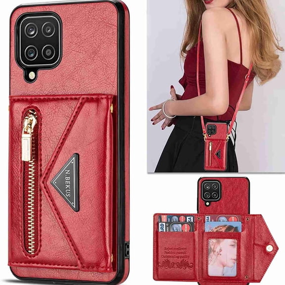 Samsung Galaxy A12 5G Case with Card Holder,Slim Envelope Crossbody Lanyard Flip Magnetic Folding Purse Protective Back Case with Zipper Pocket Kickstand Shoulder Strap Women,Red
