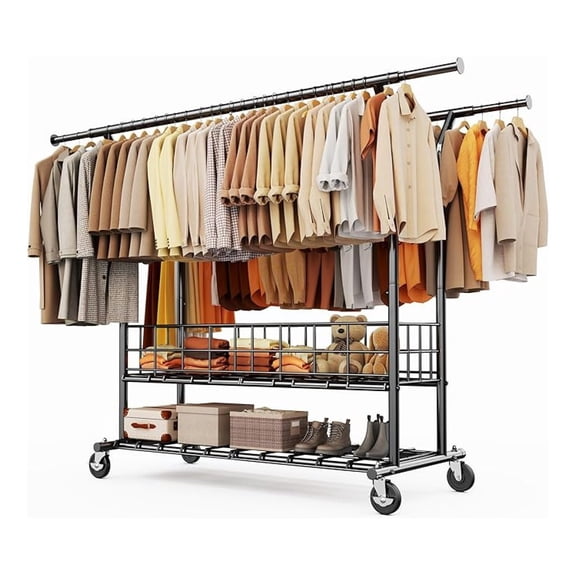 Heavy Duty Clothes Rack Load 625 LBS, Clothing Rack for Hanging Clothes, Adjustable Black Double Rod with Metal Basket, Portable Rolling Garment Rack with Wheels for Bedroom, Laundry Room