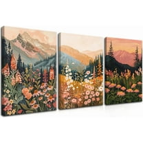 Wildflower Mountain Landscape Wall Art Set of 3, Colorful Floral Wall Decor, Boho Sunset Landscape Canvas Artwork, Earth Tone Botanical Poster Prints for Living Room Bedroom