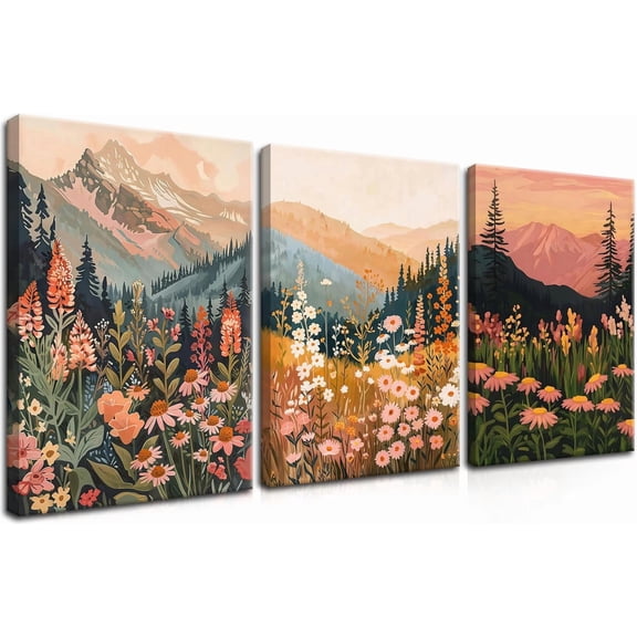 Wildflower Mountain Landscape Wall Art Set of 3, Colorful Floral Wall Decor, Boho Sunset Landscape Canvas Artwork, Earth Tone Botanical Poster Prints for Living Room Bedroom