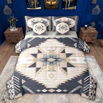 Feelyou Blue Hippie Aztec Bedding Comforter Set 7pcs for Women, Wheat Triangle Stripes Queen Bedding Sets, Vintage Bohemian Style Reversible Queen Sheet Sets, Breathable Home Decor