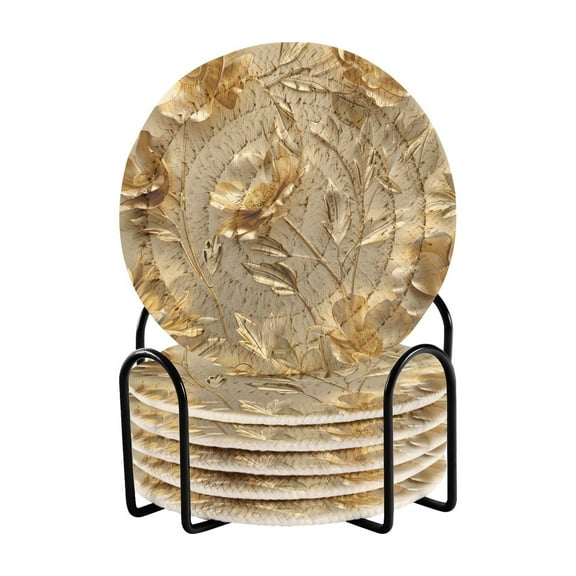 Gold Flowers and Leaves 6 Pcs Drink Coasters with Holder Absorbent Coasters Woven Coasters for Drinks Table Desk Protection Home Decor